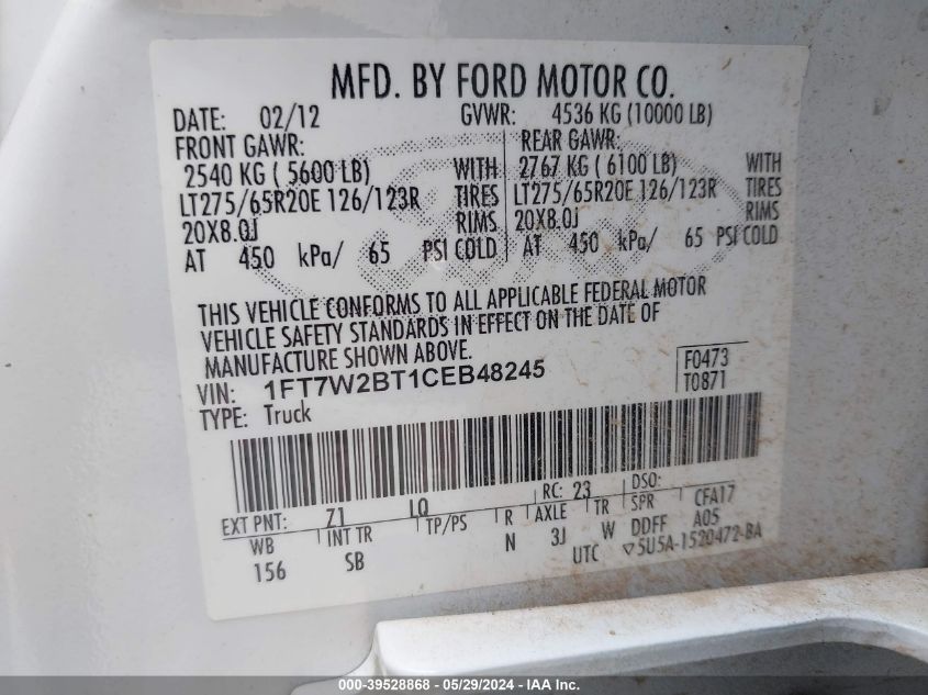 2012 Ford F-250 Lariat VIN: 1FT7W2BT1CEB48245 Lot: 39528868