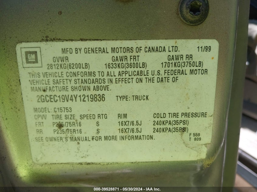 2000 Chevrolet Silverado 1500 Ls VIN: 2GCEC19V4Y1219836 Lot: 39528871