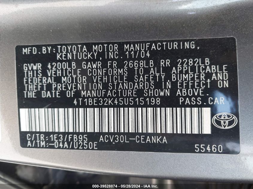 2005 Toyota Camry Std VIN: 4T1BE32K45U515198 Lot: 39528874