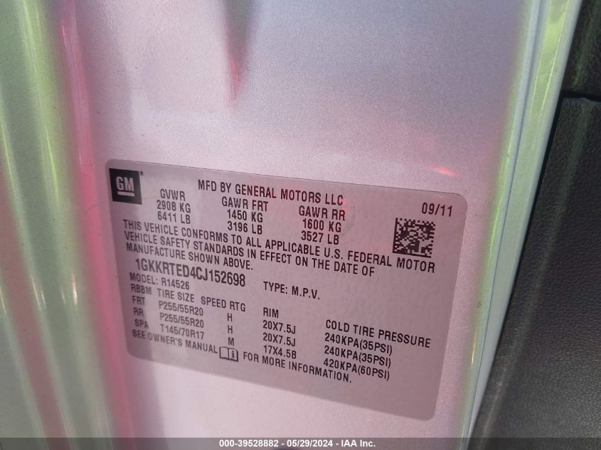 2012 GMC Acadia Denali VIN: 1GKKRTED4CJ152698 Lot: 39528882