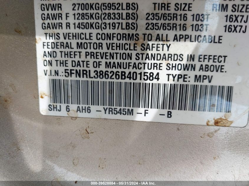 2006 Honda Odyssey Ex-L VIN: 5FNRL38626B401584 Lot: 39528884