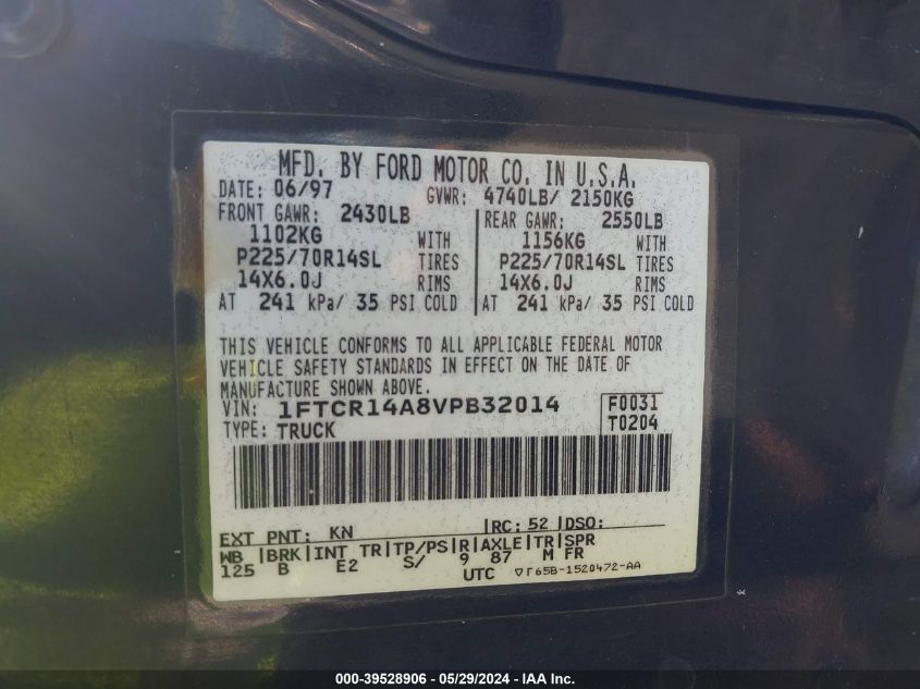 1997 Ford Ranger Xl/Xlt VIN: 1FTCR14A8VPB32014 Lot: 39528906