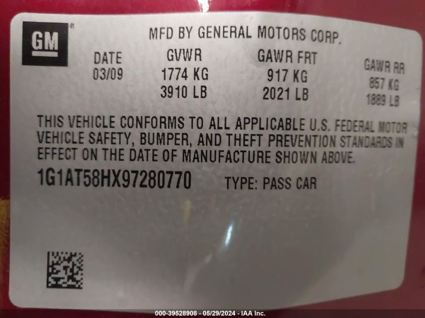 2009 Chevrolet Cobalt Lt VIN: 1G1AT58HX97280770 Lot: 39528908