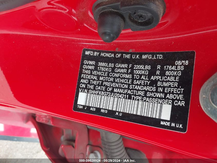 2018 Honda Civic Type R Touring VIN: SHHFK8G72JU204211 Lot: 39528924