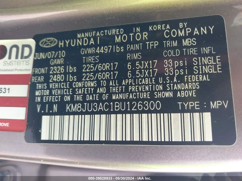 2011 Hyundai Tucson Gls VIN: KM8JU3AC1BU126300 Lot: 39528933