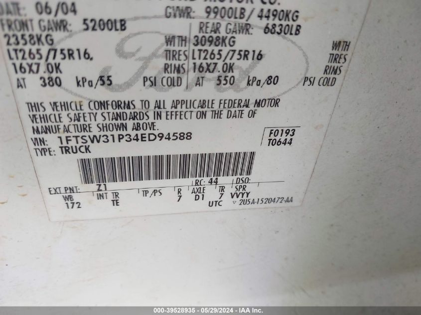 2004 Ford F-350 Lariat/Xl/Xlt VIN: 1FTSW31P34ED94588 Lot: 39528935