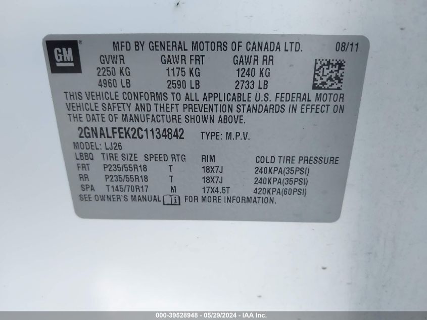 2012 Chevrolet Equinox Ltz VIN: 2GNALFEK2C1134842 Lot: 39528948