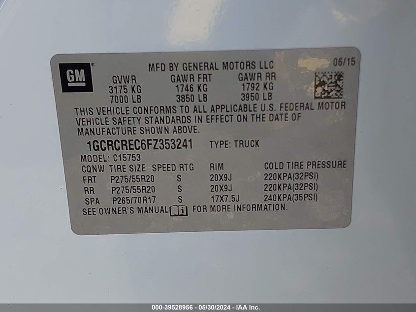 2015 Chevrolet Silverado 1500 1Lt VIN: 1GCRCREC6FZ353241 Lot: 39528956