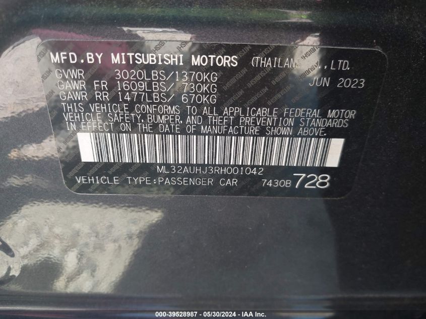 2024 Mitsubishi Mirage Le VIN: ML32AUHJ3RH001042 Lot: 39528987