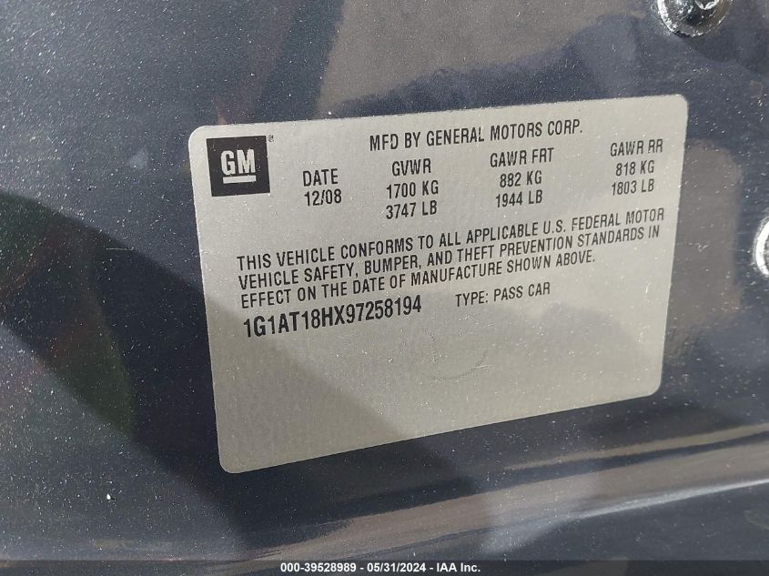 2009 Chevrolet Cobalt Lt VIN: 1G1AT18HX97258194 Lot: 39528989