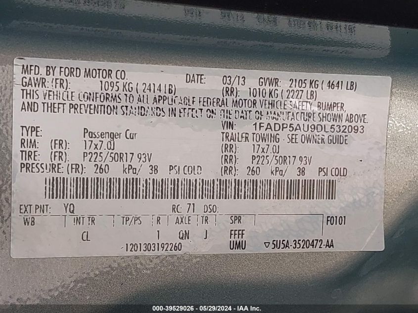 2013 Ford C-Max Hybrid Se VIN: 1FADP5AU9DL532093 Lot: 39529026