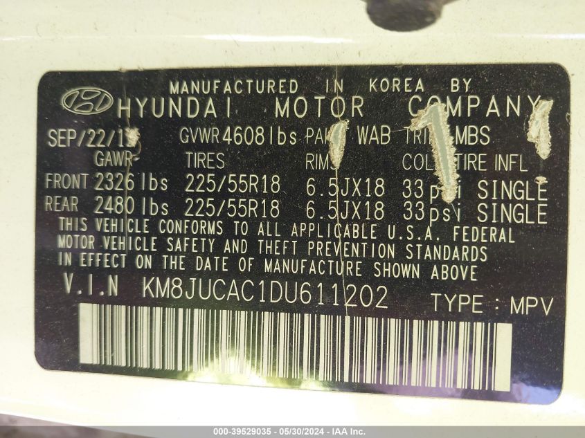 2013 Hyundai Tucson Limited VIN: KM8JUCAC1DU611202 Lot: 39529035