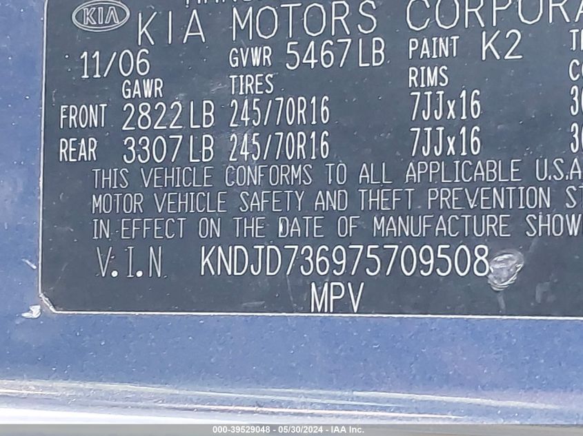 2007 Kia Sorento VIN: KNDJD736975709508 Lot: 39529048