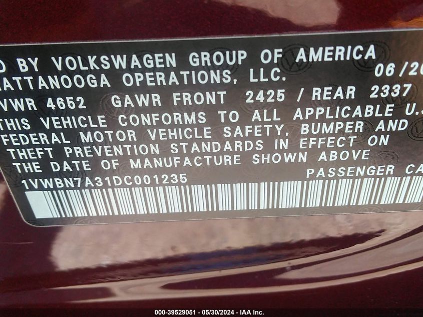 2013 Volkswagen Passat 2.0L Tdi Se VIN: 1VWBN7A31DC00123 Lot: 39529051