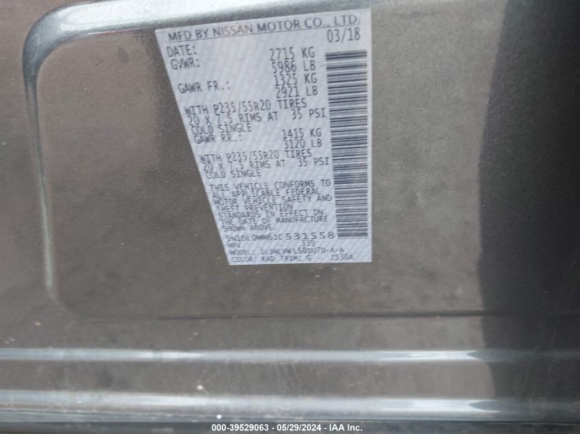 2018 Infiniti Qx60 VIN: 5N1DL0MM6JC531558 Lot: 39529063