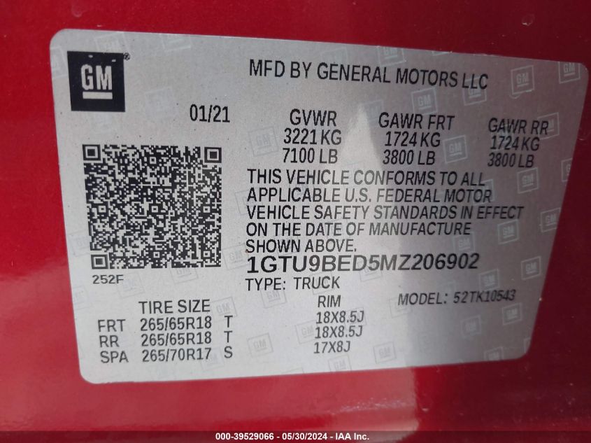 2021 GMC Sierra 1500 4Wd Short Box Sle VIN: 1GTU9BED5MZ206902 Lot: 39529066