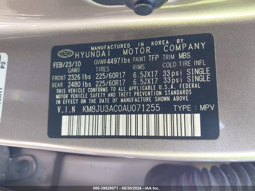 2010 Hyundai Tucson Gls VIN: KM8JU3AC0AU071255 Lot: 39529071