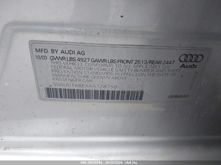 WAUVT68EX4A128159 | 2004 AUDI A4