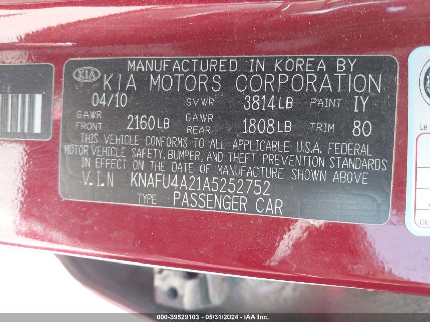 2010 Kia Forte Ex VIN: KNAFU4A21A5252752 Lot: 39529103