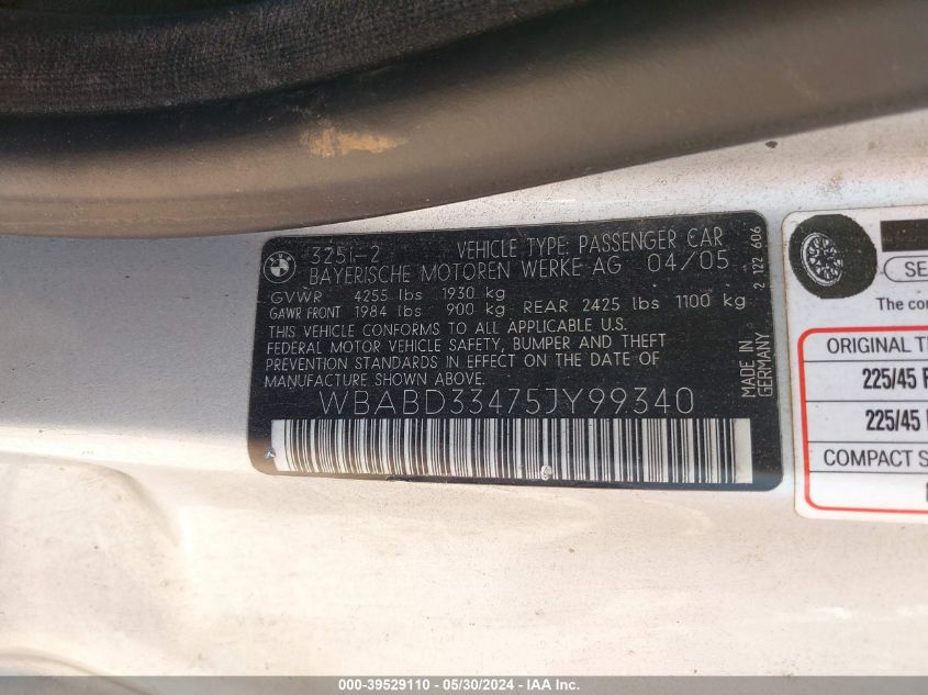 2005 BMW 325Ci VIN: WBABD33475JY99340 Lot: 39529110