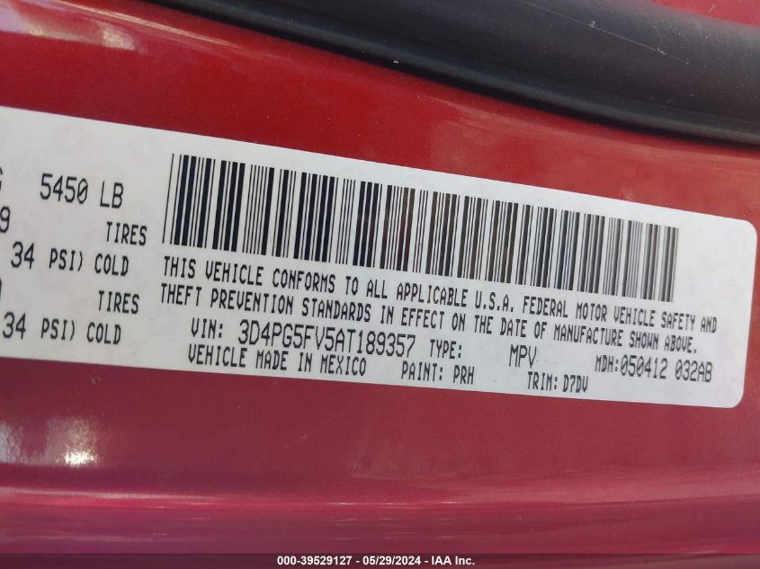 2010 Dodge Journey Sxt VIN: 3D4PG5FV5AT189357 Lot: 39529127