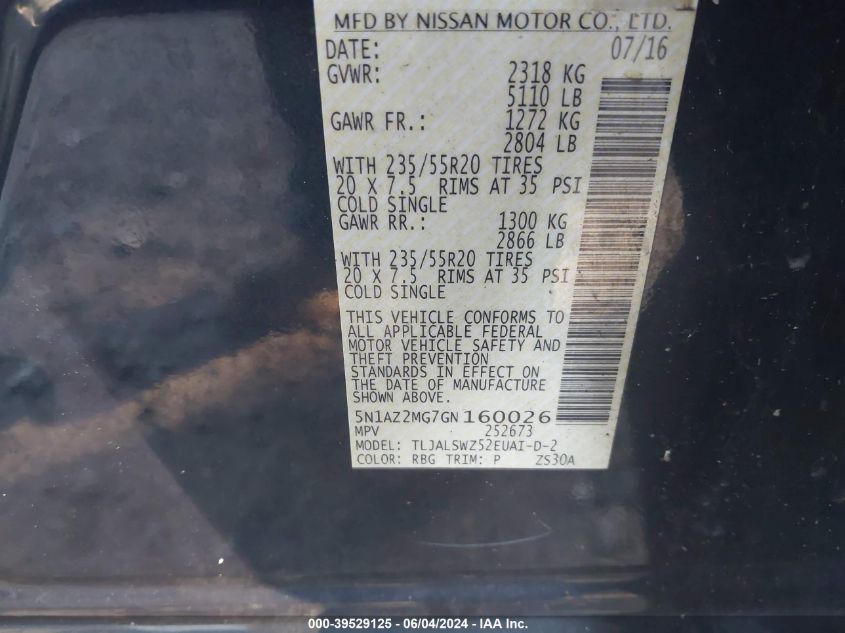 2016 Nissan Murano Platinum VIN: 5N1AZ2MG7GN160026 Lot: 39529125