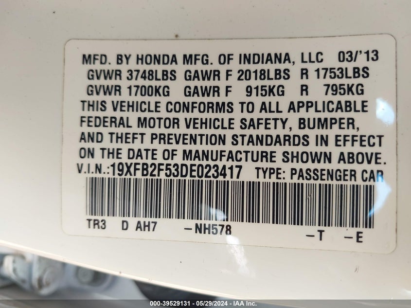 2013 Honda Civic Lx VIN: 19XFB2F53DE023417 Lot: 39529131