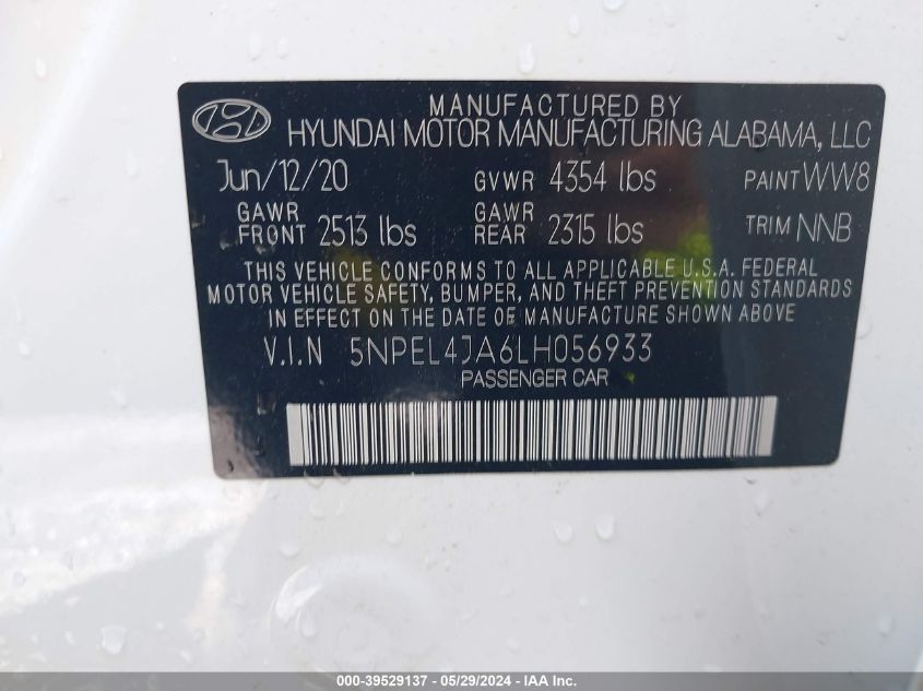 2020 Hyundai Sonata Sel VIN: 5NPEL4JA6LH056933 Lot: 39529137