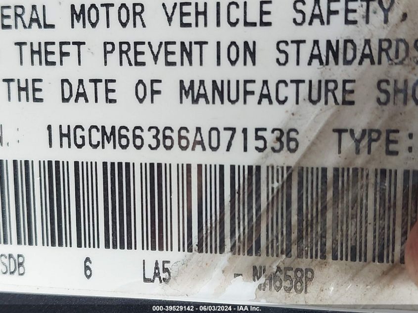 2006 Honda Accord 3.0 Lx VIN: 1HGCM66366A071536 Lot: 39529142