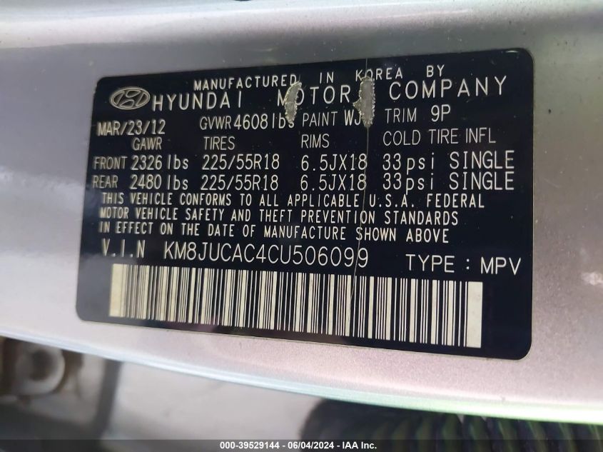 2012 Hyundai Tucson Limited VIN: KM8JUCAC4CU506099 Lot: 39529144