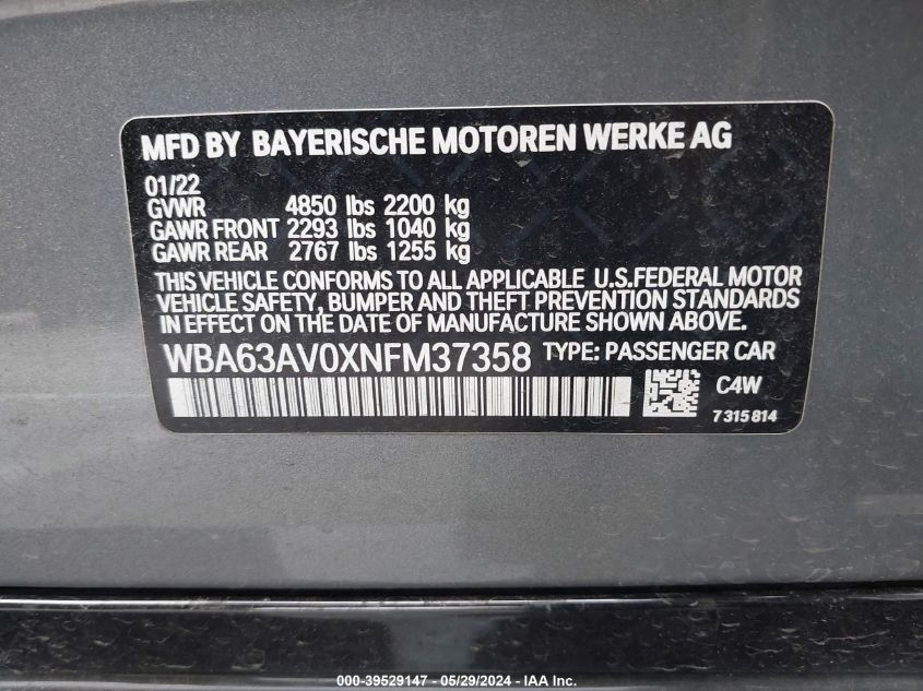 2022 BMW 430I Gran Coupe VIN: WBA63AV0XNFM37358 Lot: 39529147