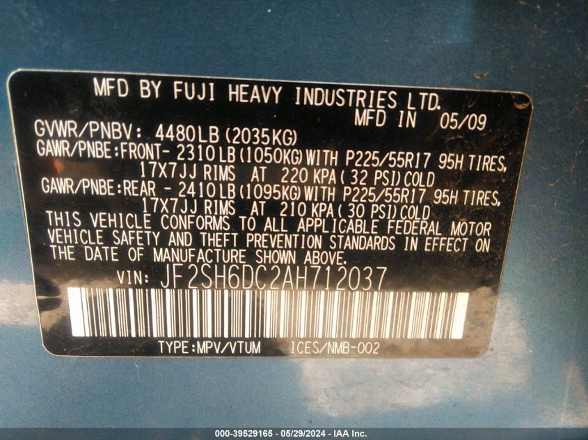 2010 Subaru Forester 2.5X Limited VIN: JF2SH6DC2AH712037 Lot: 39529165