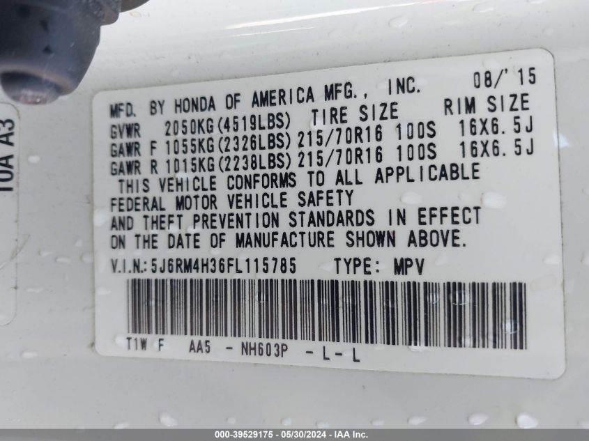 2015 Honda Cr-V Lx VIN: 5J6RM4H36FL115785 Lot: 39529175