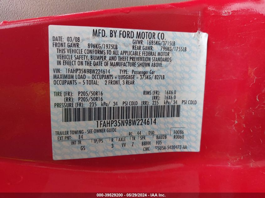 2008 Ford Focus Se/Ses VIN: 1FAHP35N98W224614 Lot: 39529200