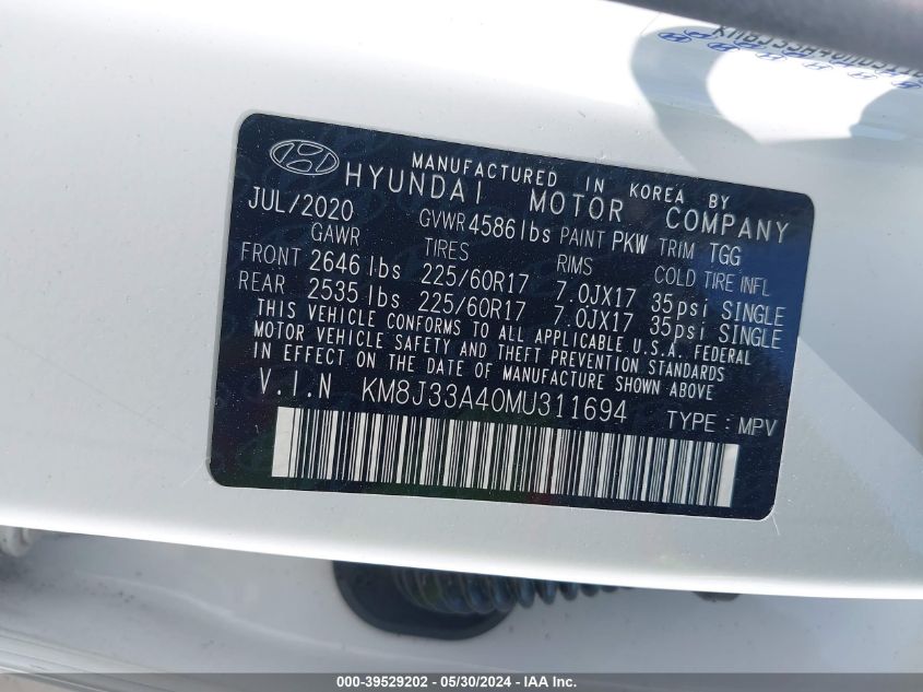 2021 Hyundai Tucson Value VIN: KM8J33A40MU311694 Lot: 39529202