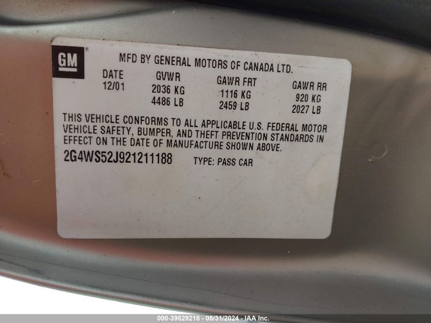 2002 Buick Century Custom VIN: 2G4WS52J921211188 Lot: 39529218