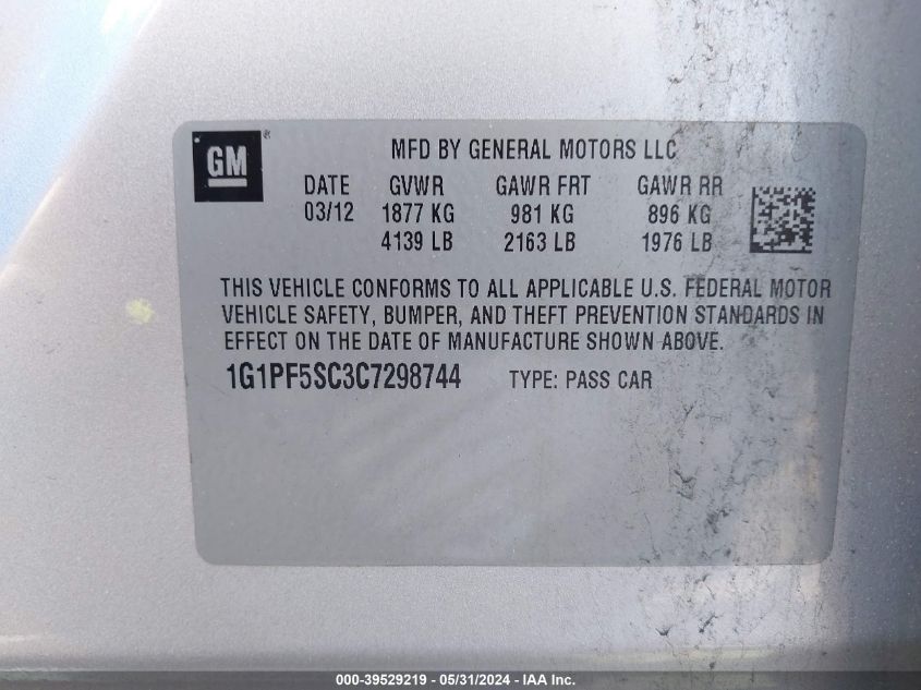 2012 Chevrolet Cruze 1Lt VIN: 1G1PF5SC3C7298744 Lot: 39529219