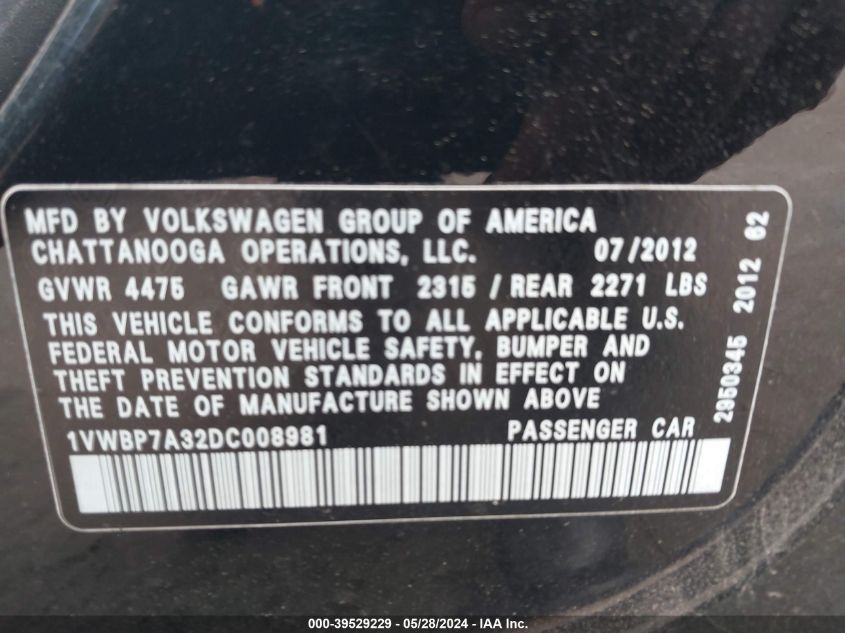 2013 Volkswagen Passat 2.5L Se VIN: 1VWBP7A32DC008981 Lot: 39529229