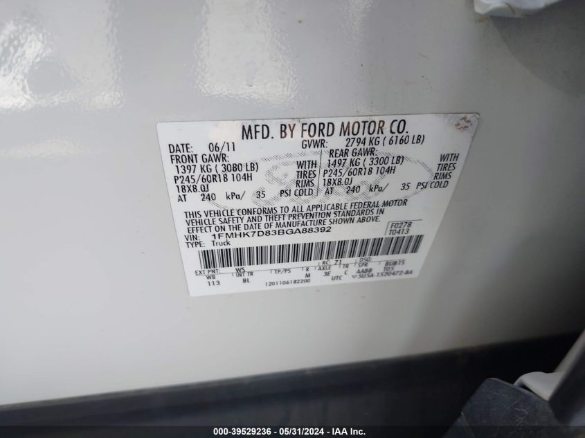 2011 Ford Explorer Xlt VIN: 1FMHK7D83BGA88392 Lot: 39529236