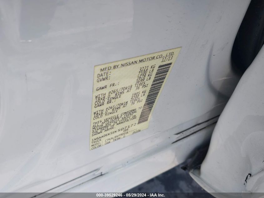 2014 Nissan Titan S VIN: 1N6AA0EK5EN507172 Lot: 39529246