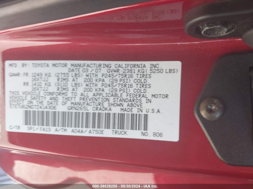 2007 Toyota Tacoma Prerunner V6 VIN: 5TETU62N07Z414306 Lot: 39529255