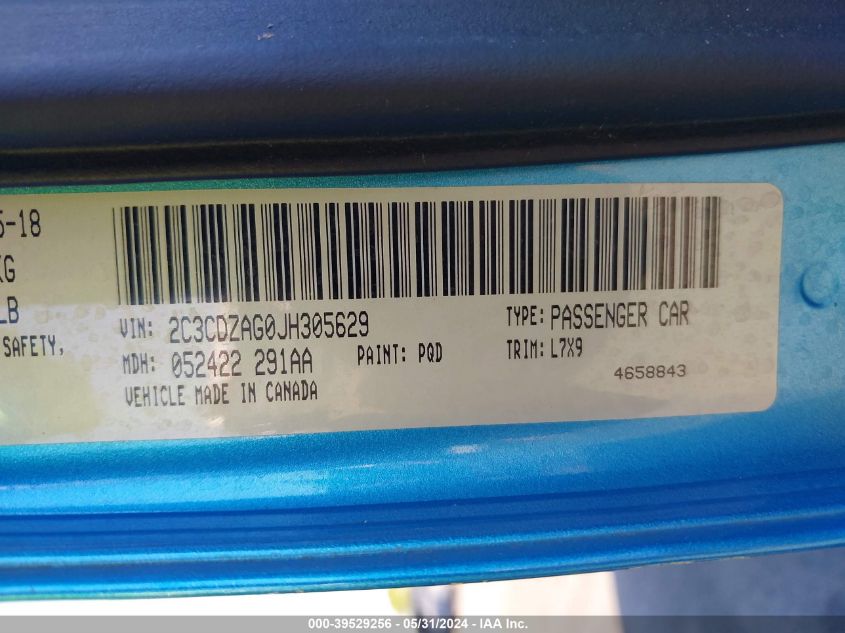 2018 Dodge Challenger Sxt VIN: 2C3CDZAG0JH305629 Lot: 39529256