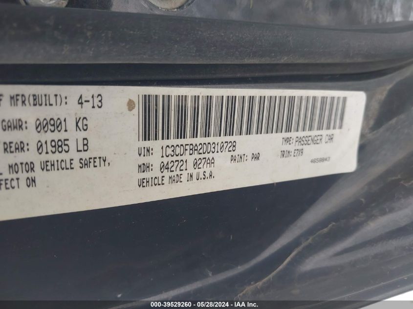 2013 Dodge Dart Sxt VIN: 1C3CDFBA2DD310728 Lot: 39529260