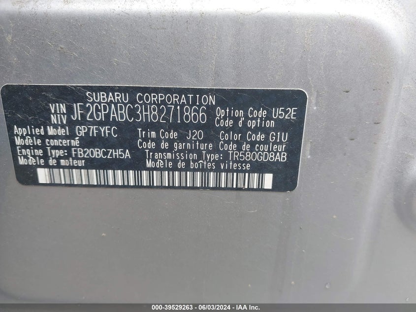 VIN JF2GPABC3H8271866 2017 SUBARU CROSSTREK 2.0I PREMIUM
