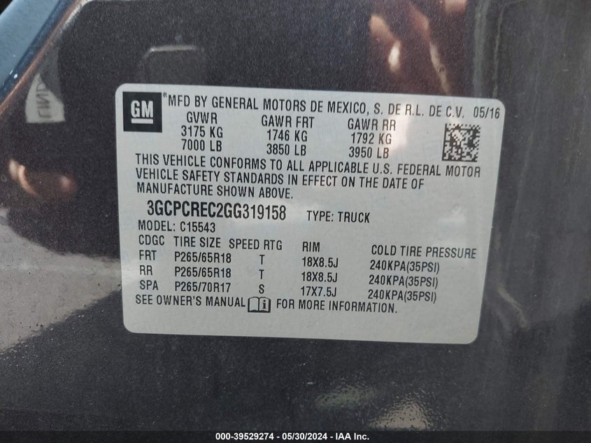 2016 Chevrolet Silverado 1500 1Lt VIN: 3GCPCREC2GG319158 Lot: 39529274