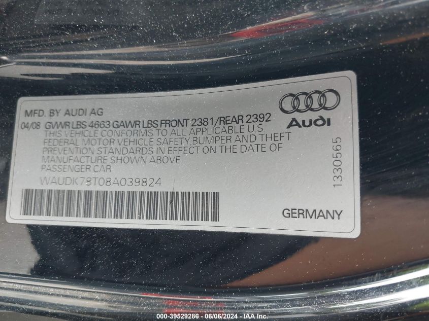 2008 Audi A5 3.2L VIN: WAUDK78T08A039824 Lot: 39529286