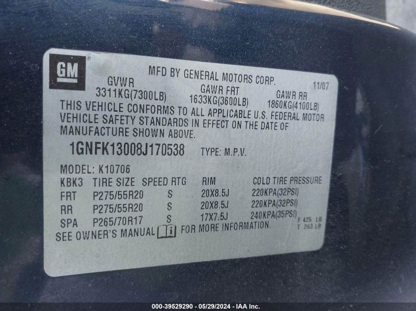 2008 Chevrolet Tahoe Lt VIN: 1GNFK13008J170538 Lot: 39529290