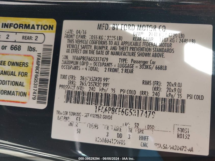 2016 Ford Mustang Gt Premium VIN: 1FA6P8CF6G5317479 Lot: 39529294