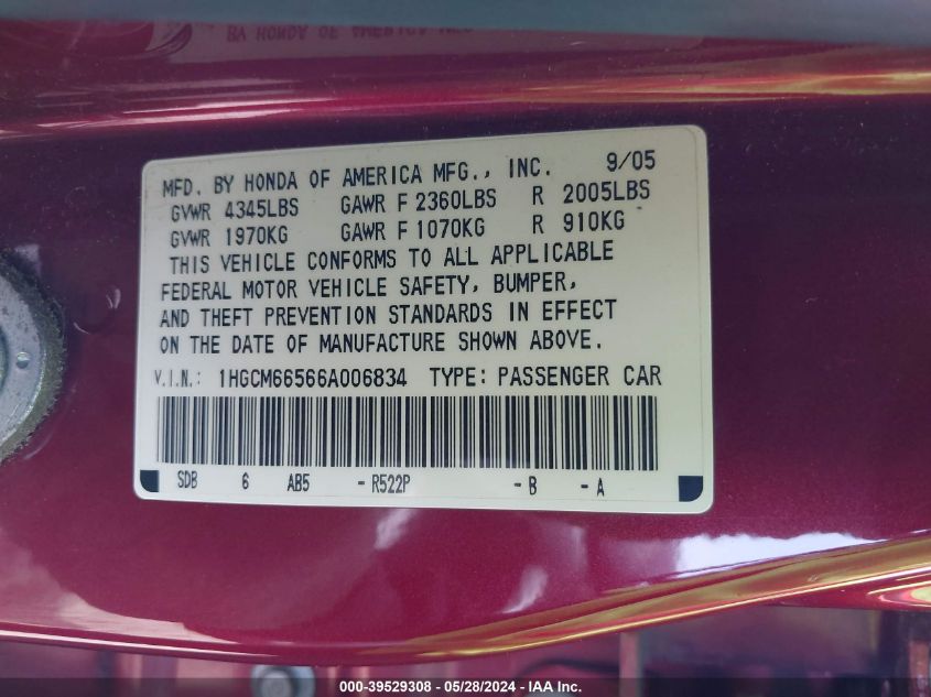 2006 Honda Accord 3.0 Ex VIN: 1HGCM66566A006834 Lot: 39529308