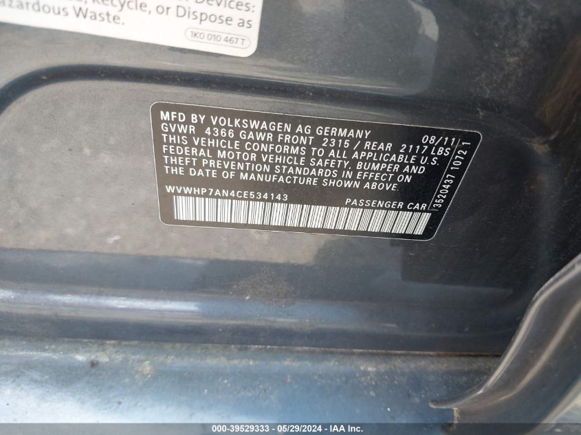 2012 Volkswagen Cc Lux Limited VIN: WVWHP7AN4CE534143 Lot: 39529333